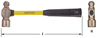 Image of AMPCO bronze ball peen hammer with yellow handle and a black ribbed grip. The hammer head has a flat striking surface on one side and a rounded surface on the other. An arrow with a double-headed line underneath measures the length of the ham